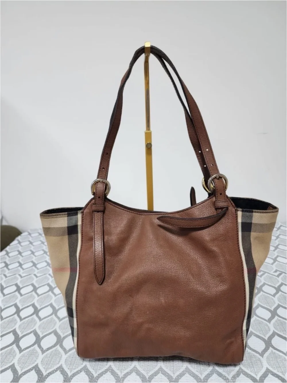 Authentic BURBERRY Leather And House Check Canvas Small Canterbury Tote Bag Brow